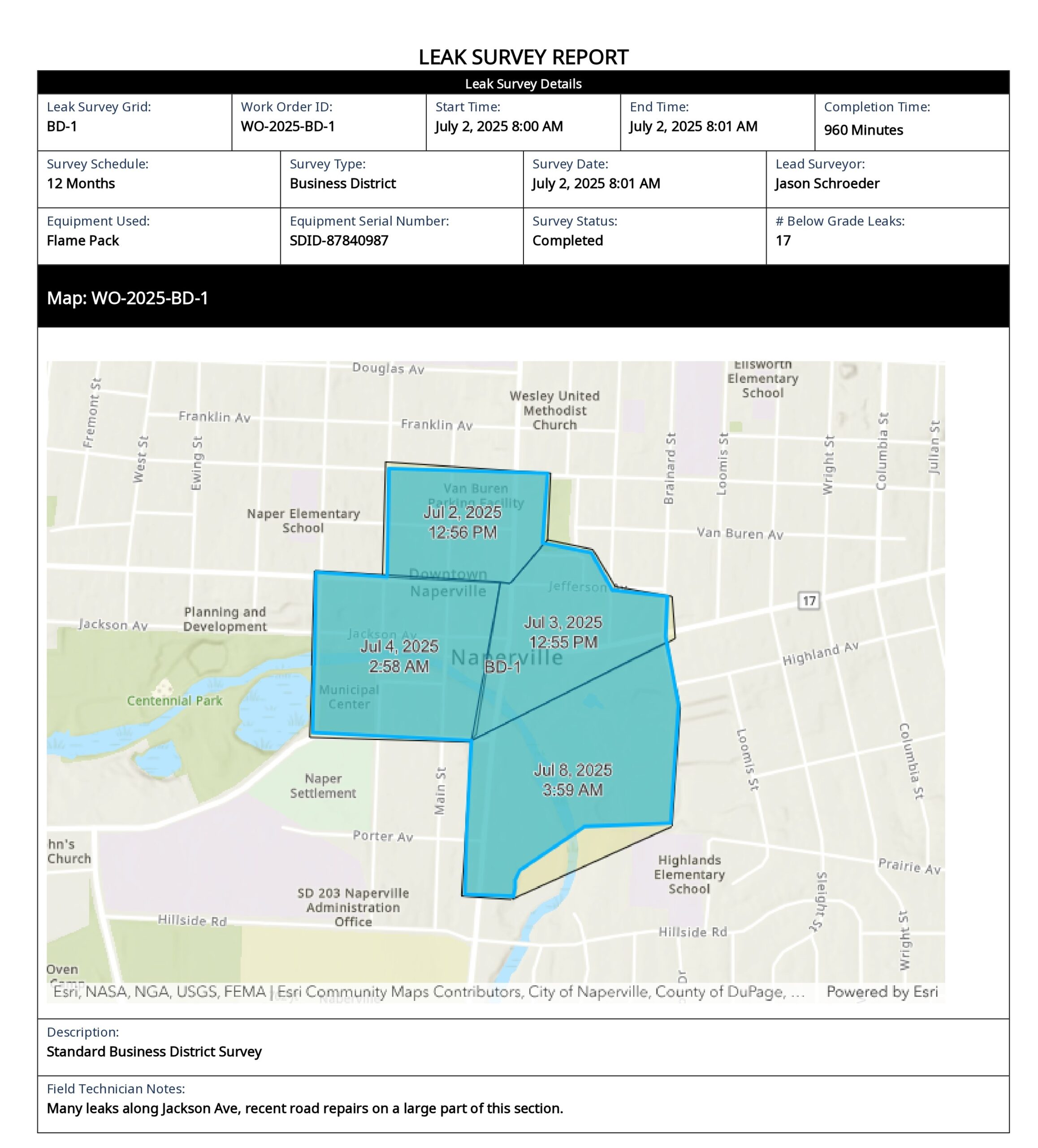 An image of a leak survey report generated by using the Gas Leak Survey Manager application.