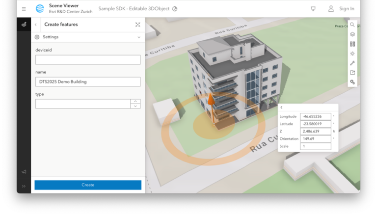 3D building model shown in Scene Viewer with an editable coordinate-entry tooltip displaying longitude, latitude, elevation, orientation, and scale for refining placement.