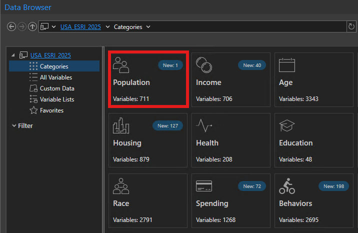 Data browser in Pro with variable categories displayed with the Population category highlighted showing a total count of 711 variables.