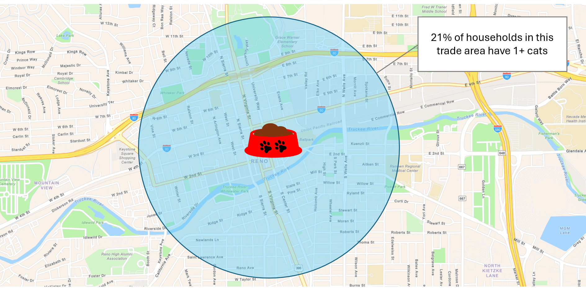 Map image showing percent households that have 1 or more cats