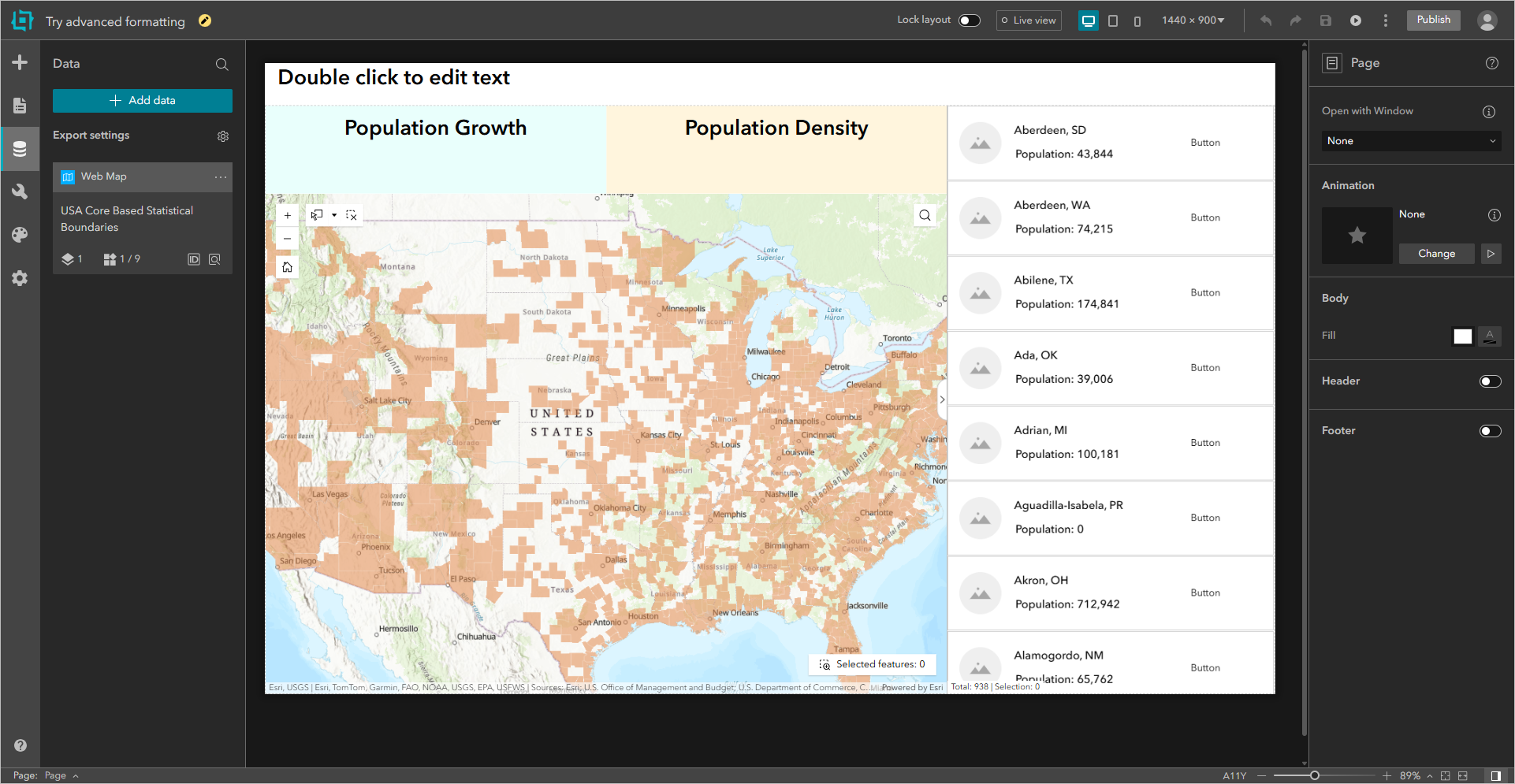 Screenshot of a new app created from a template.