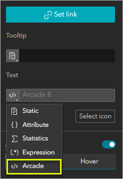 Screenshot showing the Arcade text setting in Button widget settings.