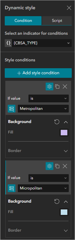 Screenshot of List widget dynamic style settings with two conditions configured.