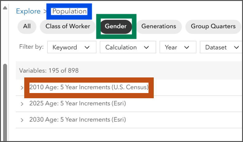 A zoomed in view of the data browser in Business Analyst Web showing Population, Gender, and 2010 Age: 5 Year Increments (U.S Census) highlighted to align with the diagram. Population is the variable category, Gender is the data collection, and 2010 Age: 5 Year Increments (U.S. Census) is the variable subcategory.