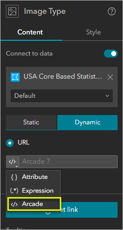 Screenshot showing the Arcade source setting in Image widget settings.