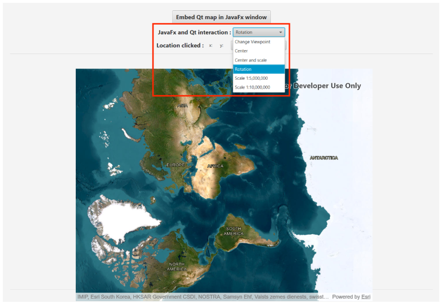 World map with drop-down menu showing viewpoint options