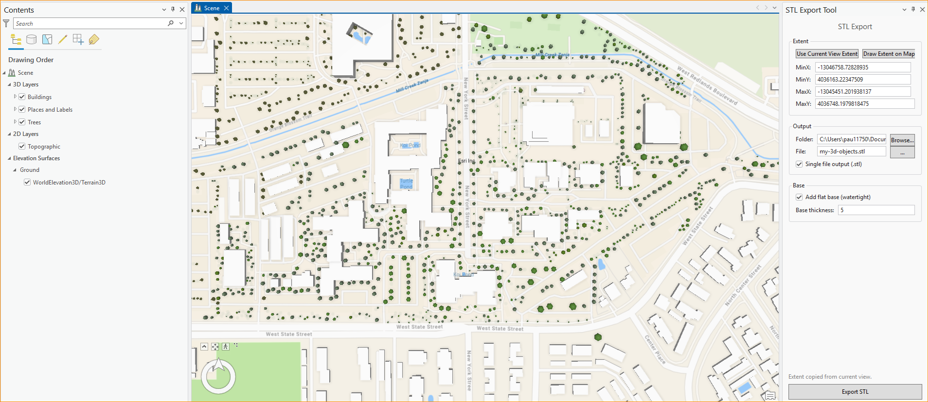 Screenshot of the 3D printing tool open with a local scene of Esri Offices