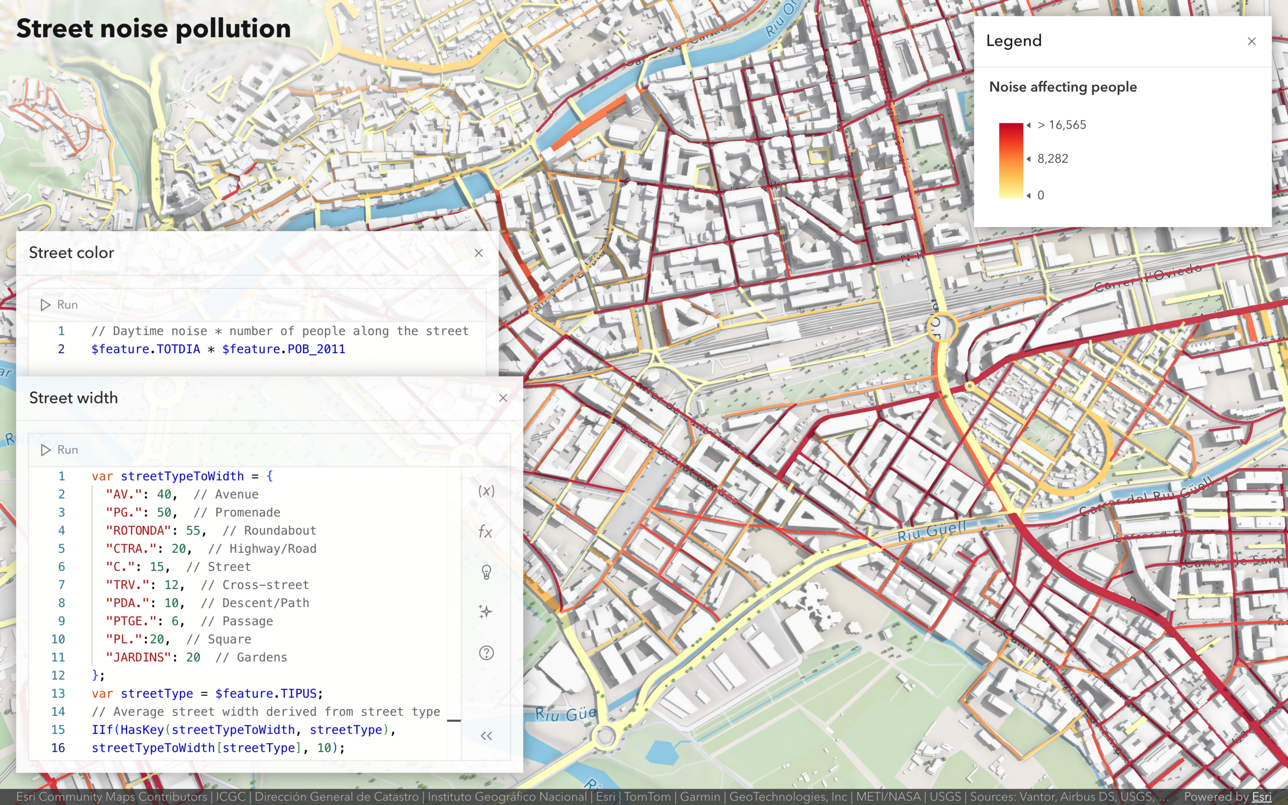 Map view showing streets symbolized with varying widths and colors based on noise pollution levels, alongside an Arcade expression editor used to calculate street width and styling values during layer visualization.