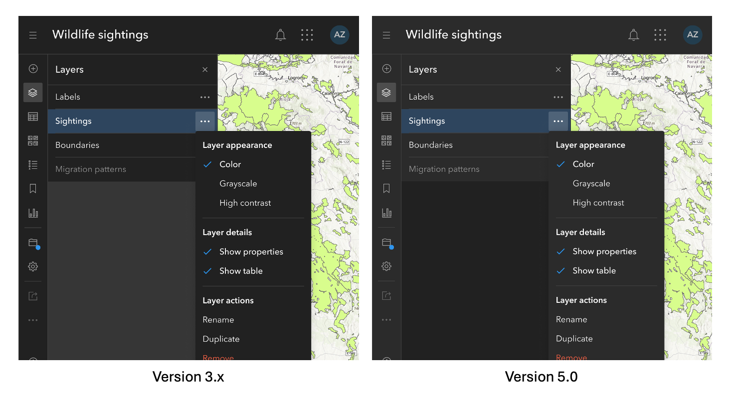 Comparison of the new dark mode color mapping as of version 5.0 to prior versions.