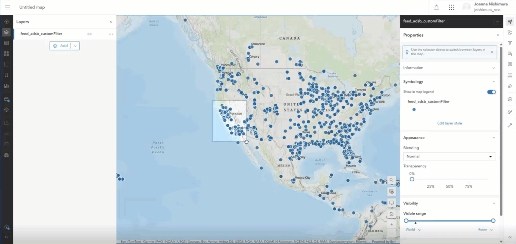 Map showing the live flight data flow from the ADS-B Exchange feed where the plane is either on the ground, or the altitude is less than 4000ft.