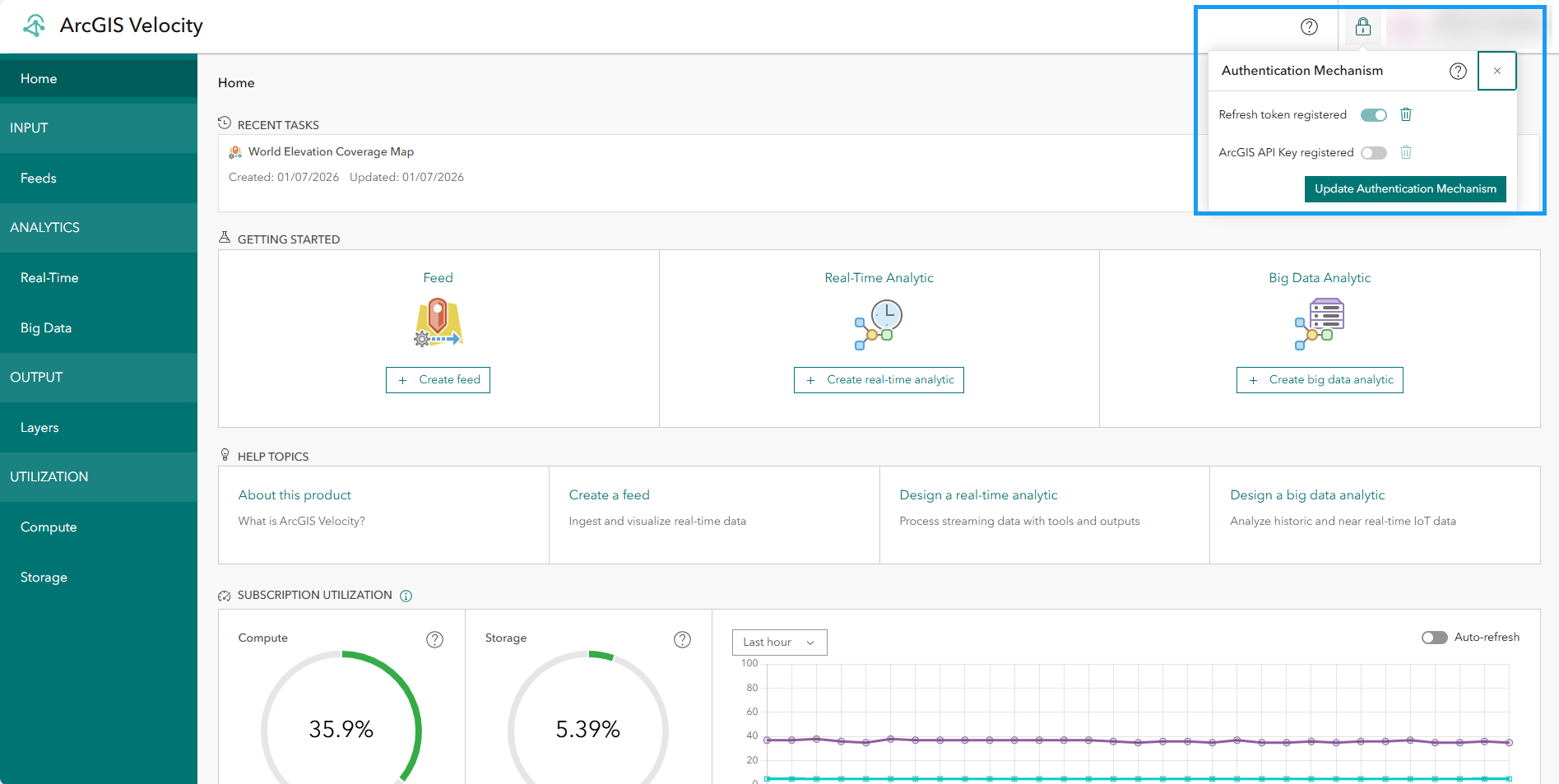 The screenshot shows how you can access the ArcGIS API key authentication method in Velocity.