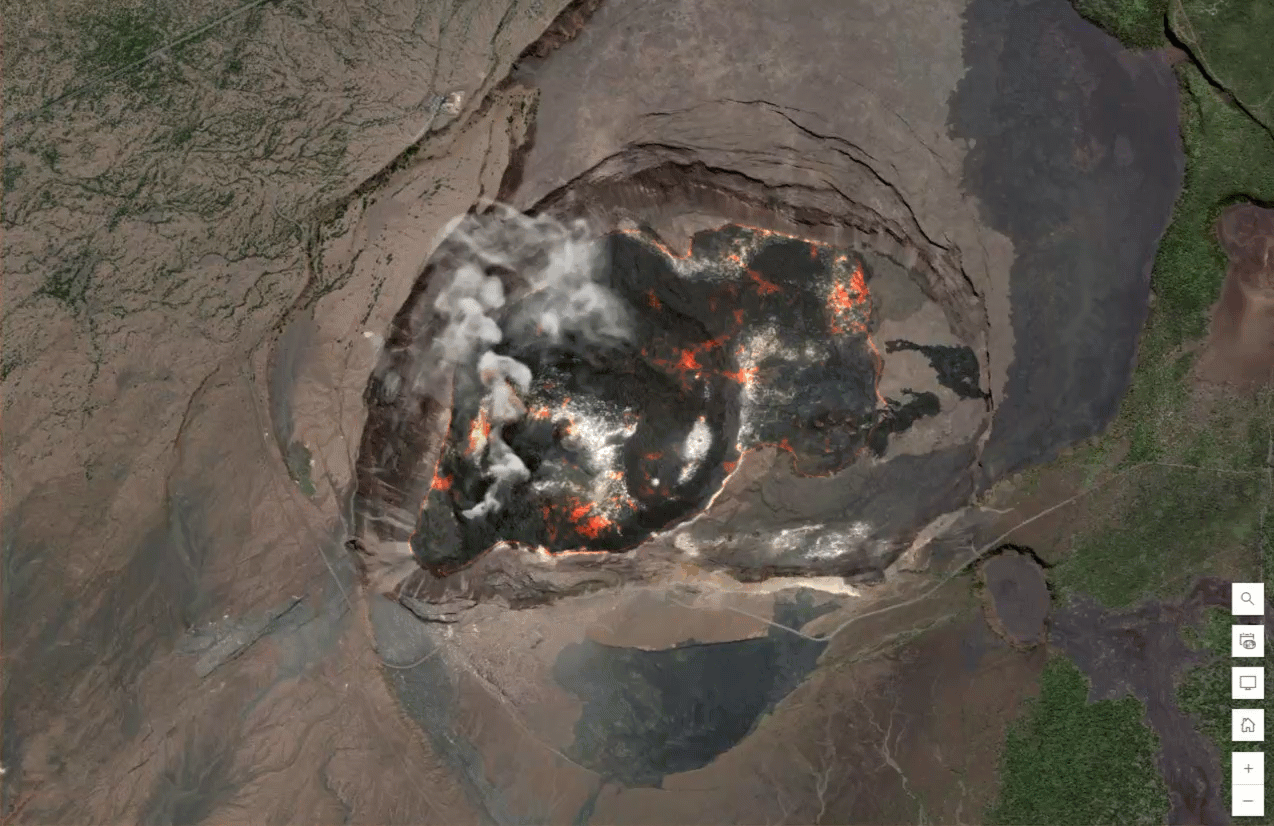 An aerial imagery basemap centered on the caldera of Kīlaeuea. Within a polygon delineating the limits of the caldera an animated pulsing orange glow radiates to simulate molten lava. Atop the caldera a wispy smoke cloud gently seeps from the Halema’uma’u vent.