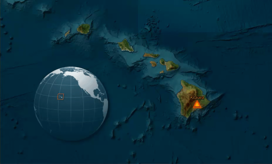 An aerial imagery basemap of the chain of Hawai'ian islands. In the southwest corner of the image a subtle globe image has been super-imposed on the map with an orange extent rectangle delineating the visibile extent of the basemap.