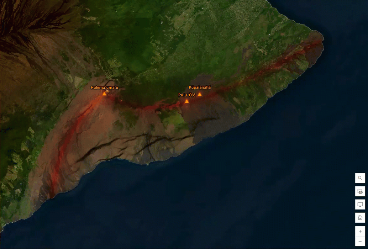 An aerial imagery basemap centered on the southern coast of the island of Hawaii. Animation glowing red-orange lines delineate the rift zones extenting both east and southwest from the caldera of Kīlaeua to the coast of the island. Along these lines are glowing red-orange triangles indicting the location of major vents within Kīlaeua's rift system: Halema’uma’u, Pu’u ‘Ō’ō, and Kūpaiʻanahā.