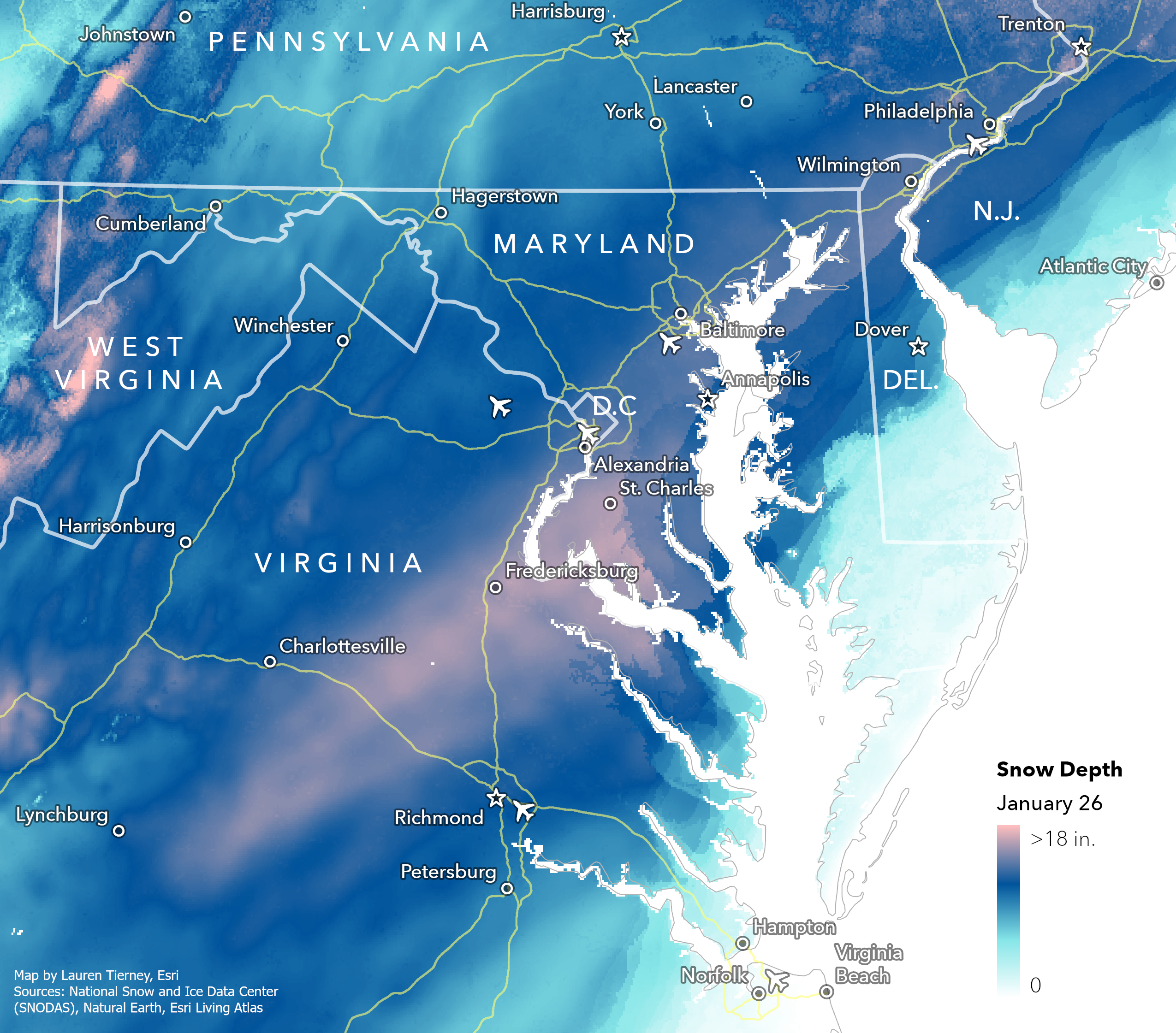 Map of snow depth in the Mid-Atlantic on January 26, 2026