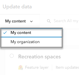 Image shows the option to choose between content you own or is contained in your organization