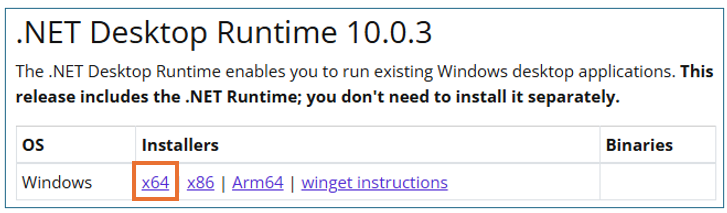 Image clarifying that the correct download is the 64 bit version of .NET Desktop Runtime 10.x.x