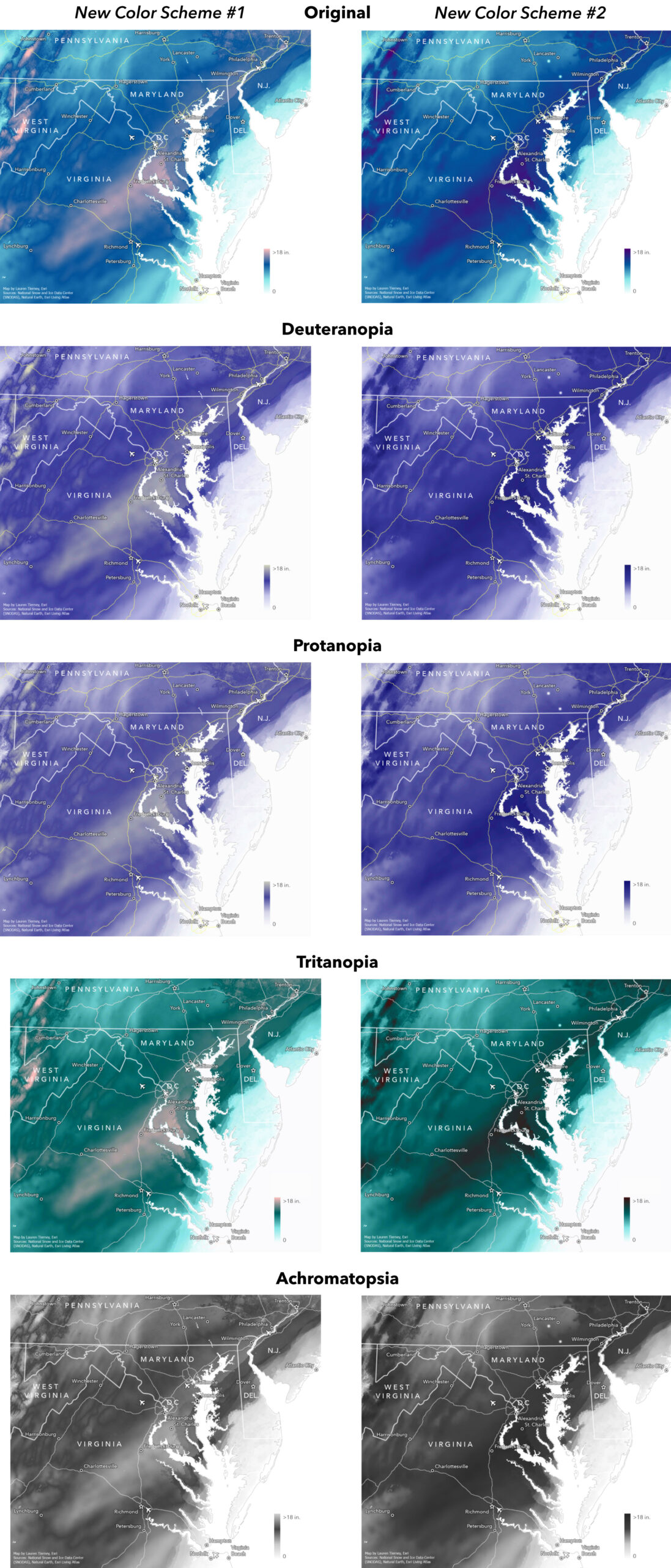 An image with ten maps, showing two different color schemes and what each looks like through each version of the Color Vision Simulator in ArcGIS Pro.