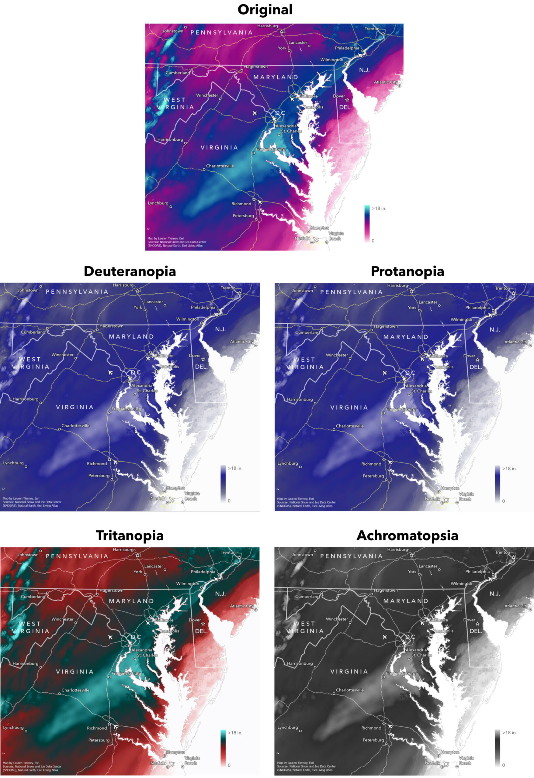 Image of five maps with a previous color scheme, showing different version viewed through the Color Vision Simulator tool in ArcGIS Pro
