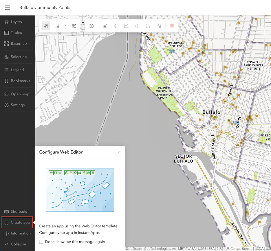 Create app button highlighted in the Web Editor app