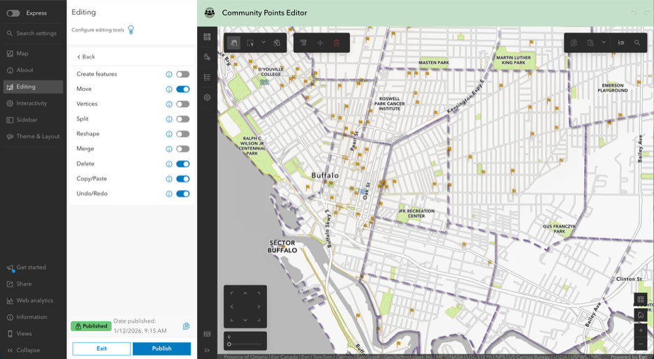 Web Editor template open in the Instant Apps configuration. Editing configuration panel is open to see option to enable or disable editing tools.