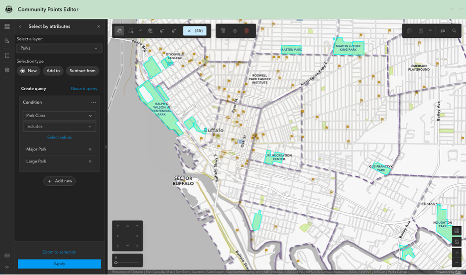 Sample Web Editor Instant Apps template using the Select by attributes tool to make a selection in the map.