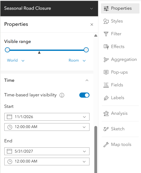 An image displaying how to access time-based layer visibility in Map Viewer.