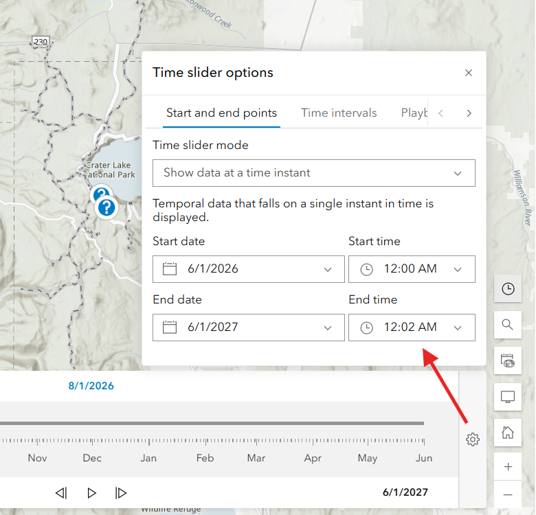 An image illustrating how to access the time slider options in map viewer.