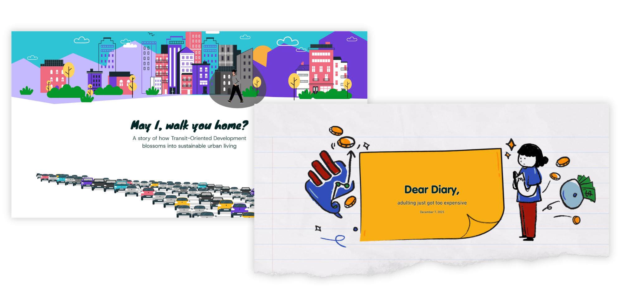 Screenshots of the cover slides from two stories created by Azah Yamin.