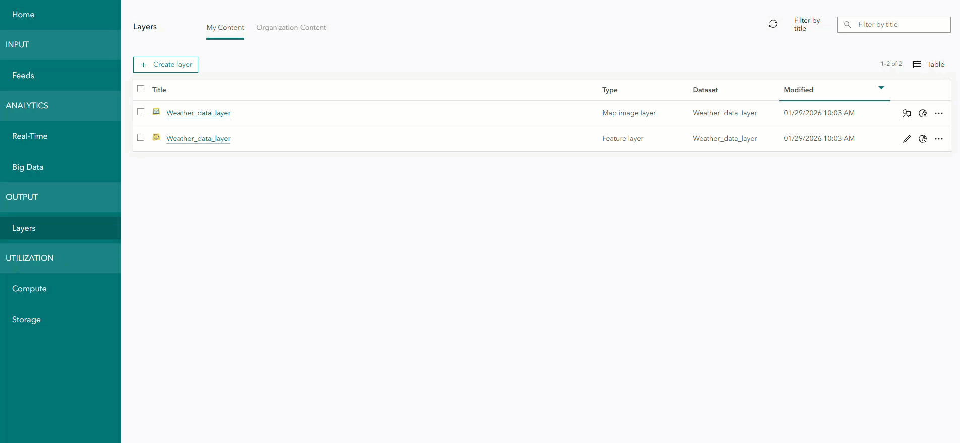 The recording shows the process of creating the hosted feature layer directly from the Layers page in Velocity, resulting in a map layer and feature layer.
