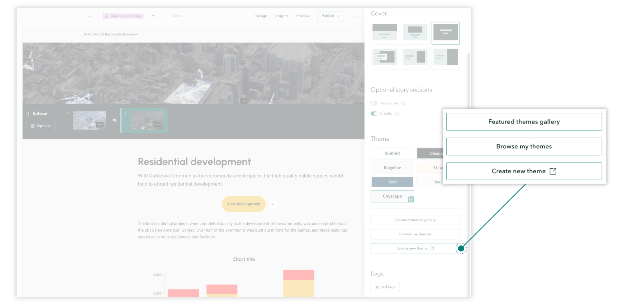 A screenshot of the ArcGIS StoryMaps builder with a callout highlighting the "Create new theme" button.