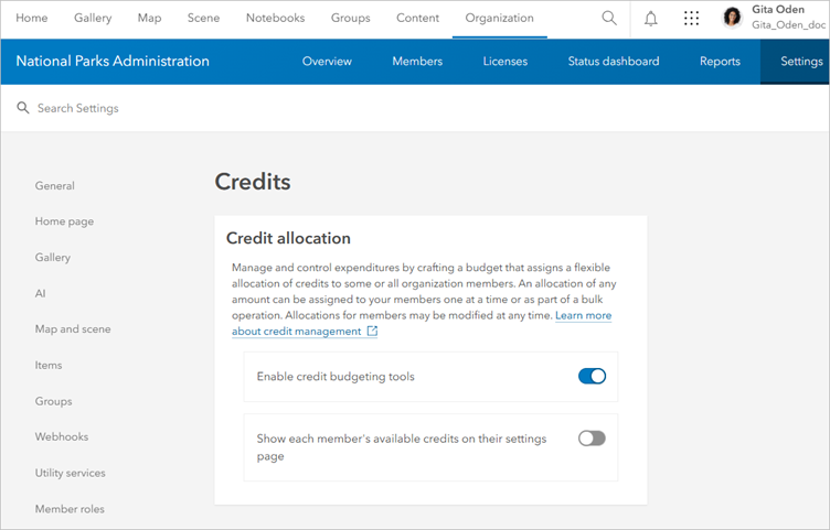 Credits setting with Enable credit budgeting tools toggle button turned on