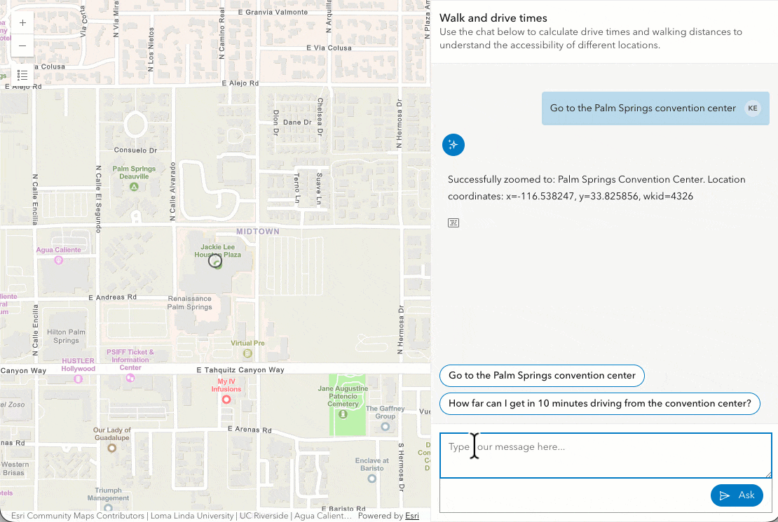 Animation showing a user calculating drive time from natural language.