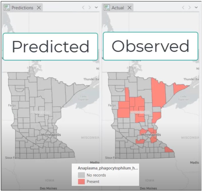 side by side comparison of the predicted counties (all negative) and the observed counties (many positive)