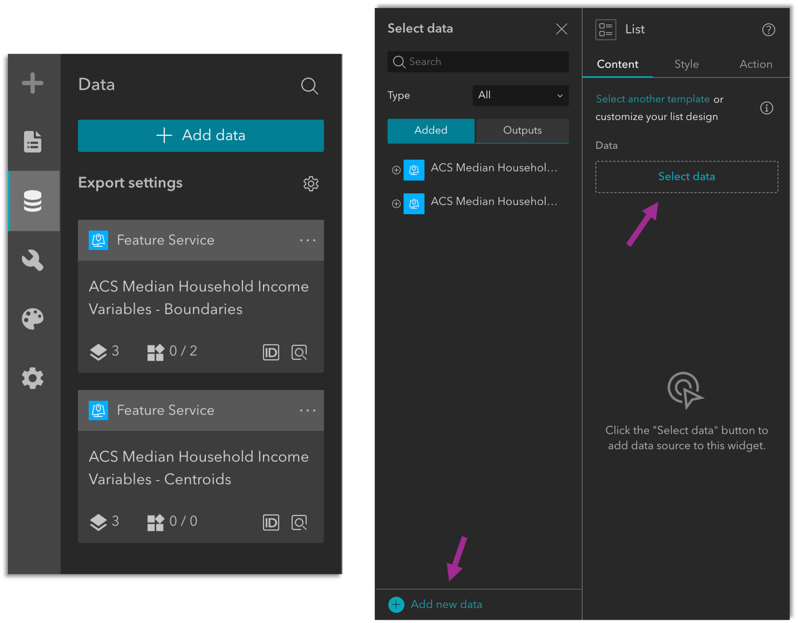 select and add data options in experience builder