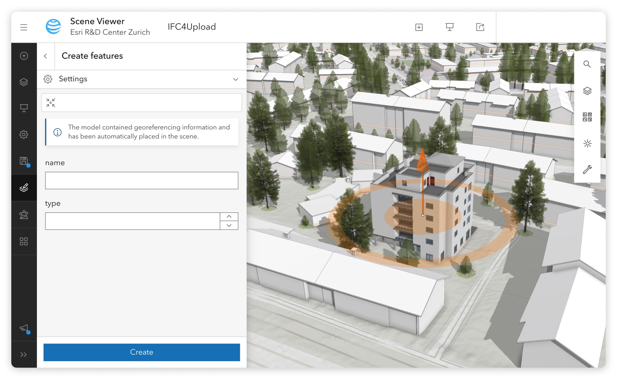 A georeferenced 3D building model accurately placed on a real‑world map in ArcGIS Maps for JavaScript, shown during upload from an IFC4 file.