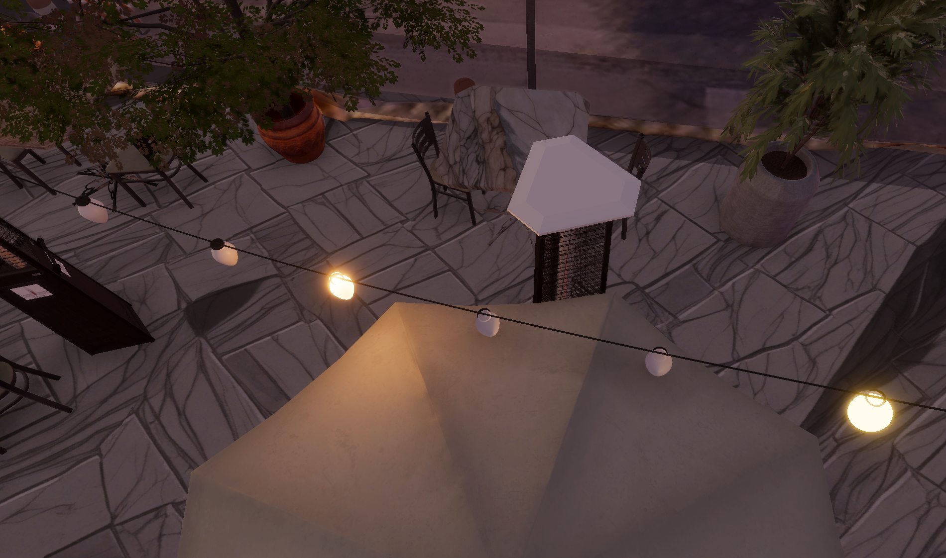 Rooftop restaurant scene in Munich built using ArcGIS Maps SDK for Unity with animated characters.