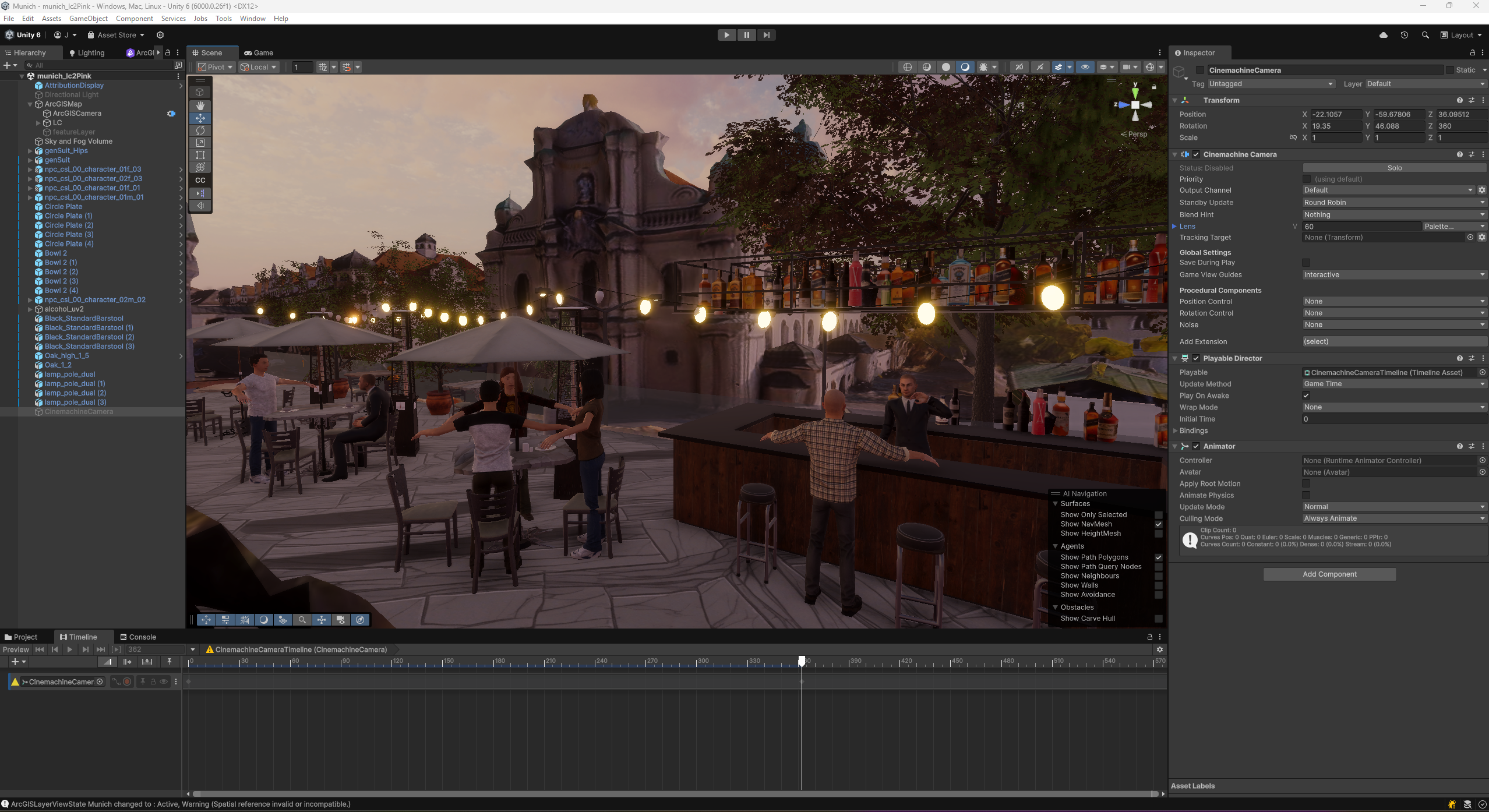 Rooftop restaurant scene in Munich built using ArcGIS Maps SDK for Unity with animated characters.