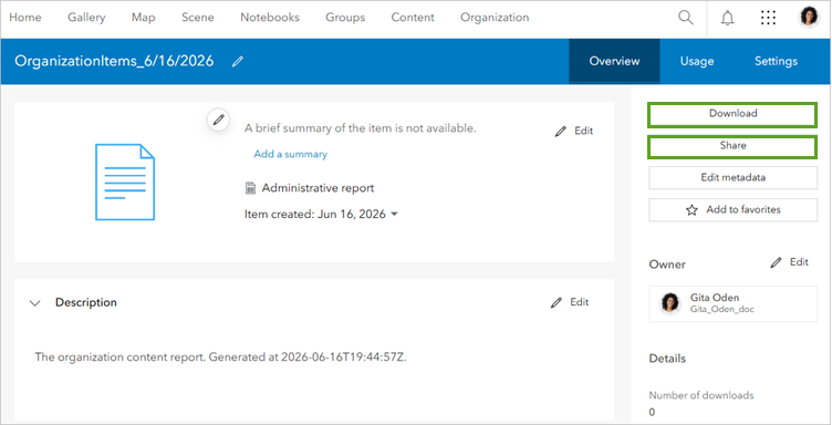 Item page for an item report with Download and Share buttons highlighted