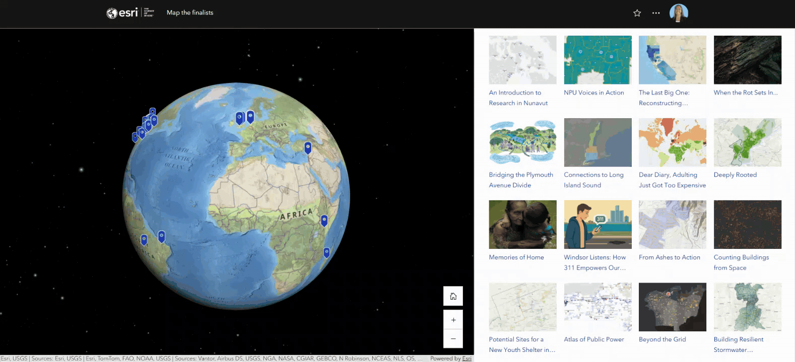 An animated screen capture of a map tour of the 2025 ArcGIS StoryMaps Competition finalists with a world globe on the left side and gallery thumbnails of stories on the right side