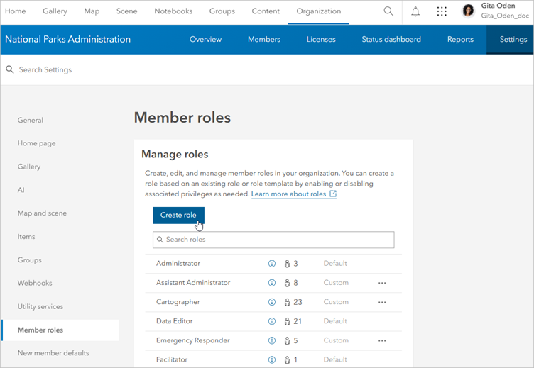 Member roles setting with Create role button indicated