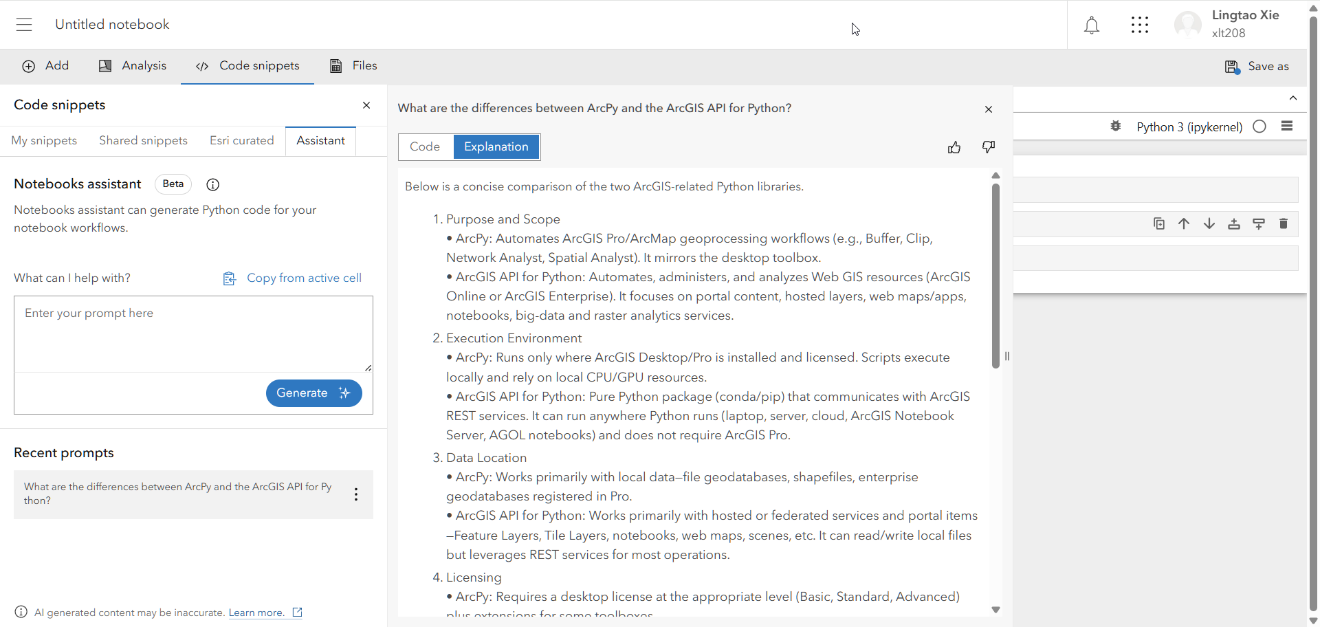Text explains the difference between ArcPy and API for Python