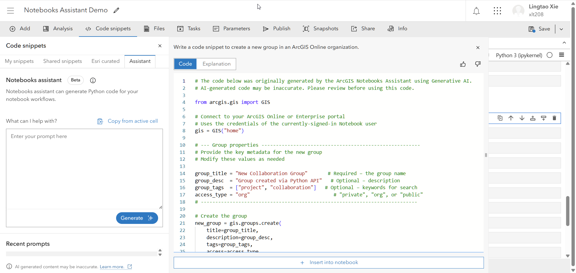 Text shows code that was generated from AI