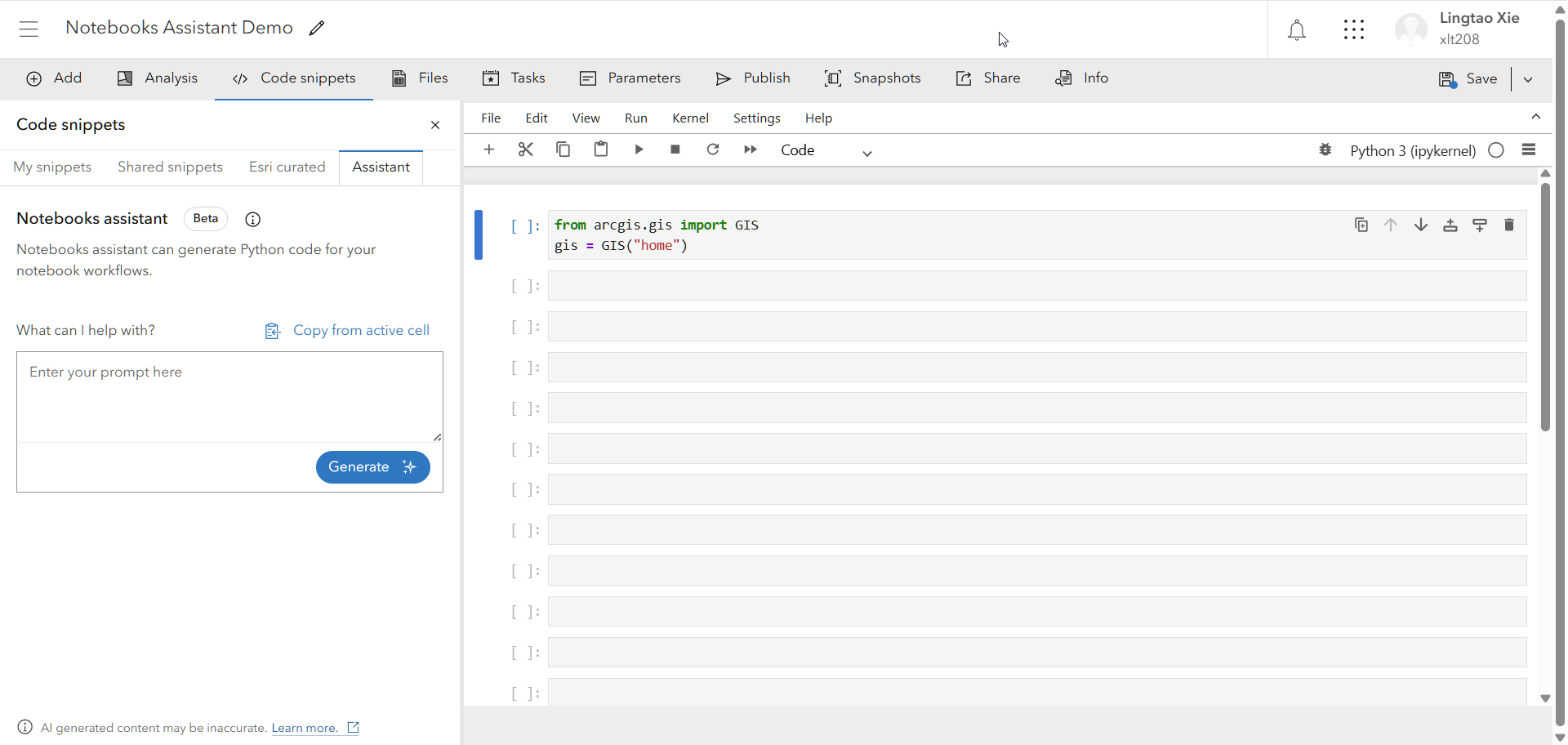 Image shows the initial screen and how to locate the AI assistant in ArcGIS Notebooks.