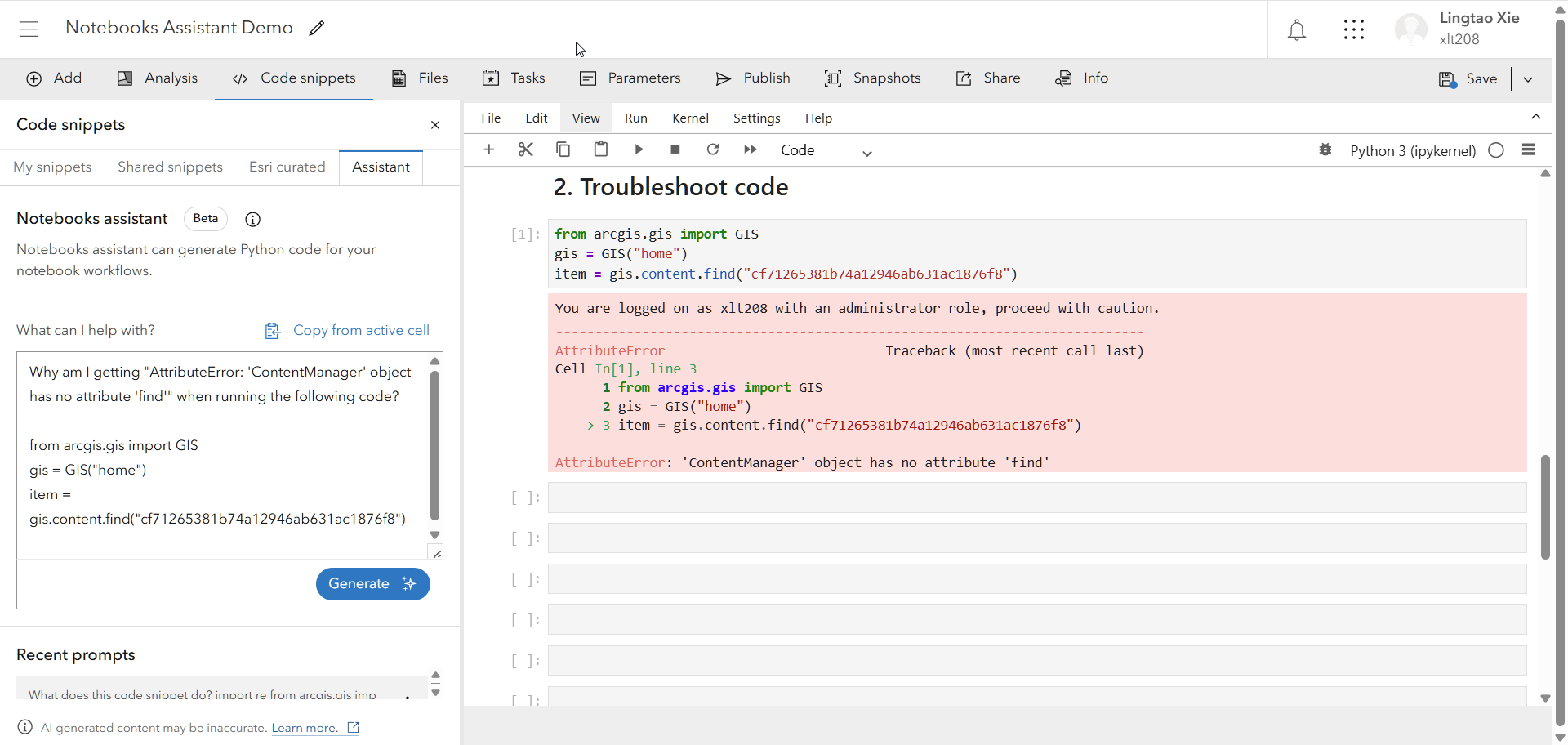 Text is the AI assistant trouble shooting what is wrong with the code and why it is not functioning as it should