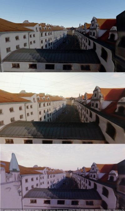 Three images, each showing the effect of a different tone setting. Original's sky is blue with shaded buildings, soft evening has a white sky with brighter buildings, morning has slightly lavender sky and buildings.