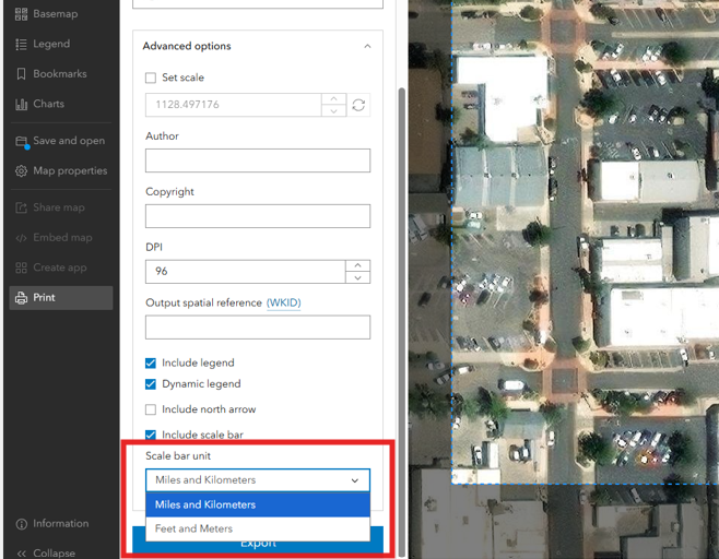 An image illustrating how to access the scale bar unit selection in Map Viewer.