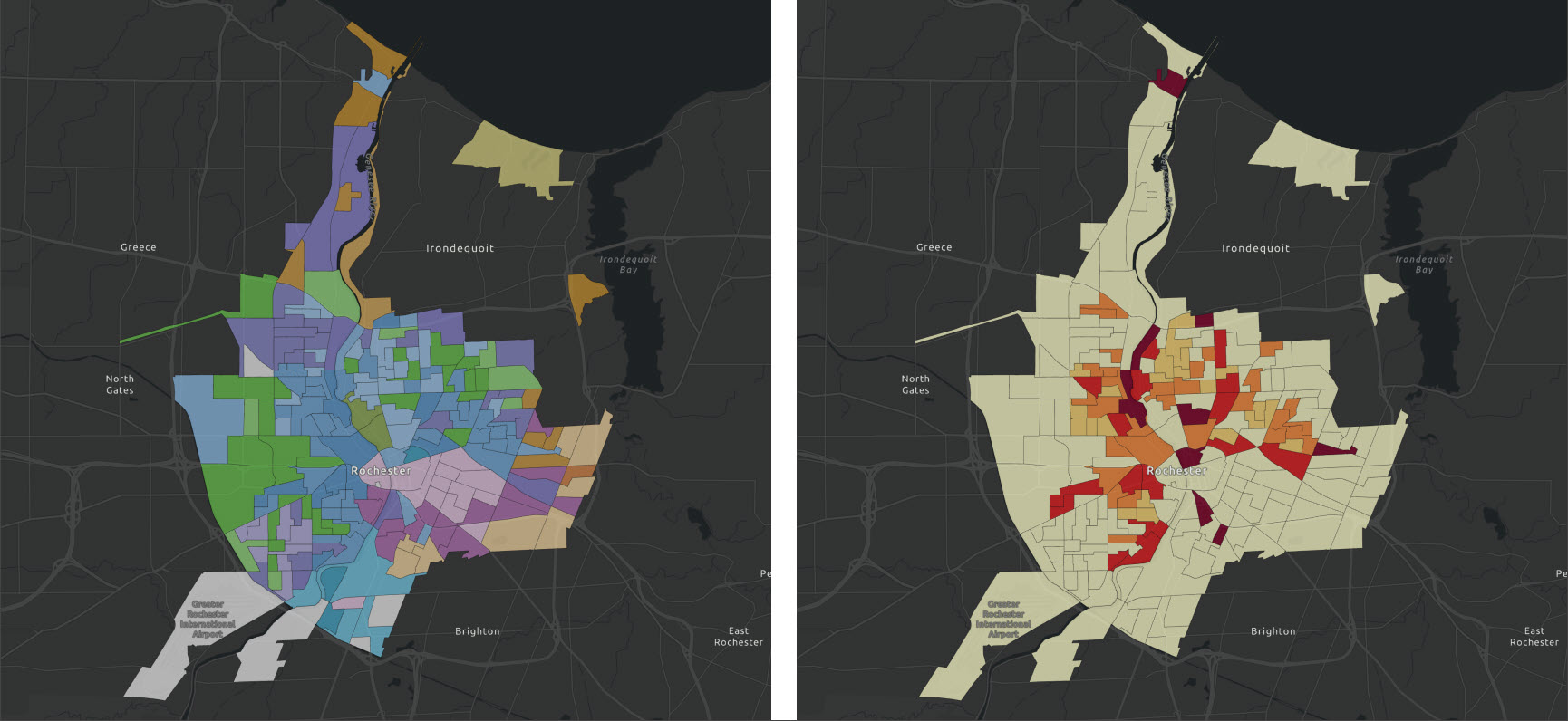 Screenshots comparing unique value symbology and graduated color symbology for the city of Rochester, NY, United States.