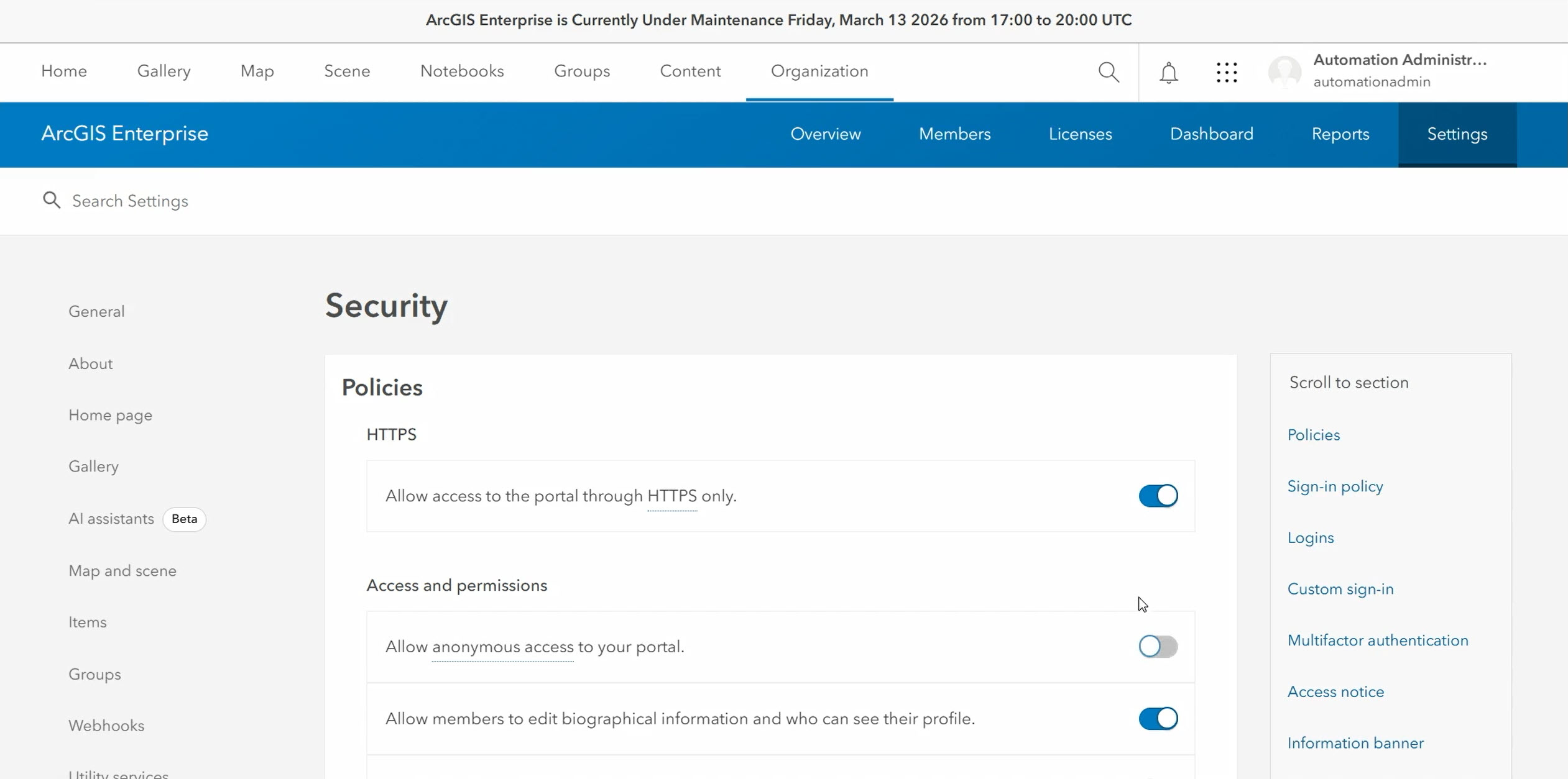 The organization's banner has been updated, and anonymous access has been turned off