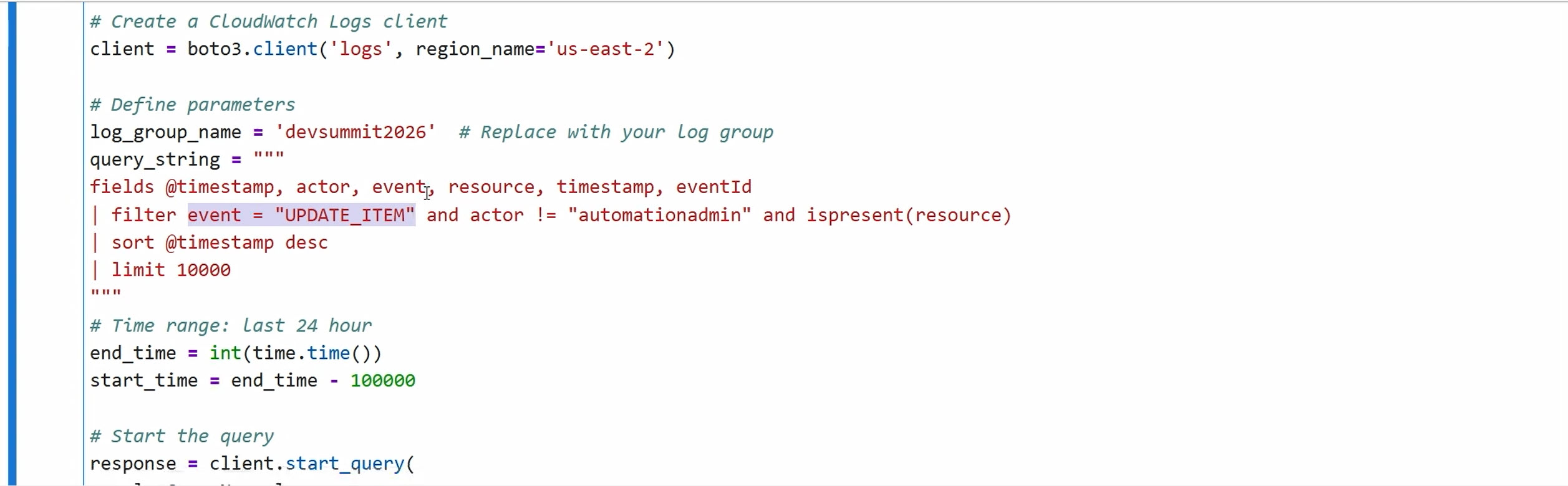 The notebook queries UPDATE_ITEM events